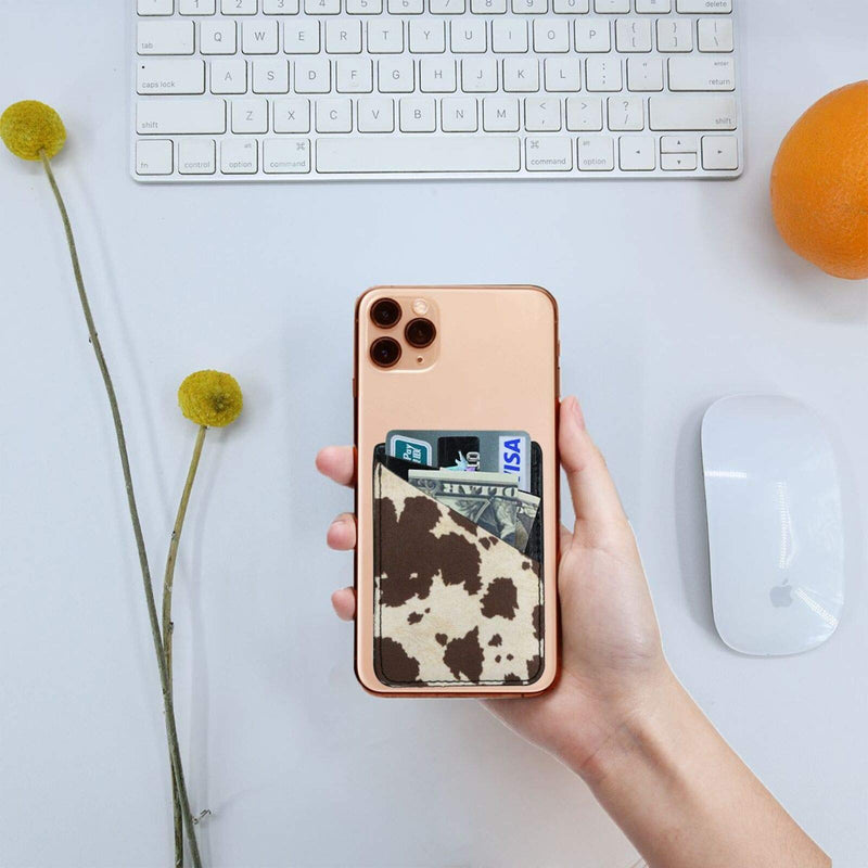 Phone Card Holder Cow Fur Print Premium Leather Phone Card Holder Stick On Wallet for Back of iPhone,Android and All Smartphones