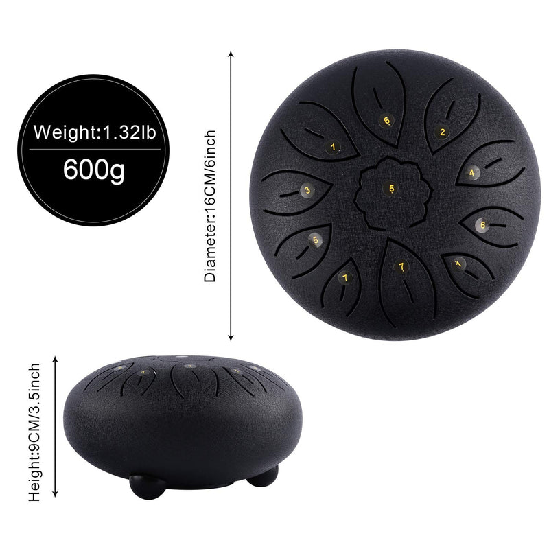 Steel Tongue Drum 11 Notes 6 Inches Dia Lotus type Steel Handpan Drum Percussion Drums Instrument Steel Tung Drum C-Key with Mallets, Book, Notes Sticker,Drum Stick Holders, Finger Picks, Bag (Black) Black