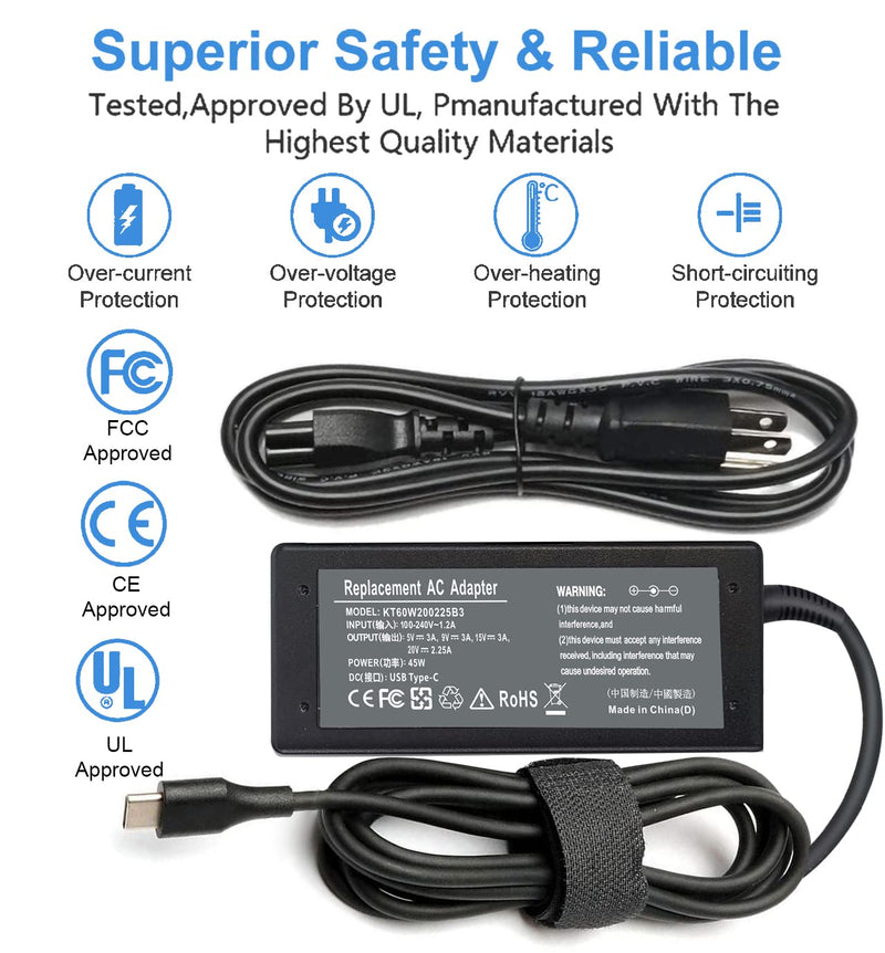 45W USB C Charger for HP Chromebook X360 14 14A 14C 15 11 14-ca000nr 14a-ca0090wm 14a-na0031wm 14-db0043wm 14-db0023dx 14c-ca0053dx 11a-na0036nr 15-de0518wm Google Chromebook Type C Power Supply
