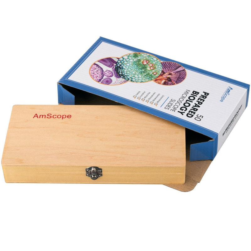 AmScope PS50A Prepared Microscope Slide Set for Basic Biological Science Education, 50 Biology and Pathology Slides, Includes Fitted Wooden Case
