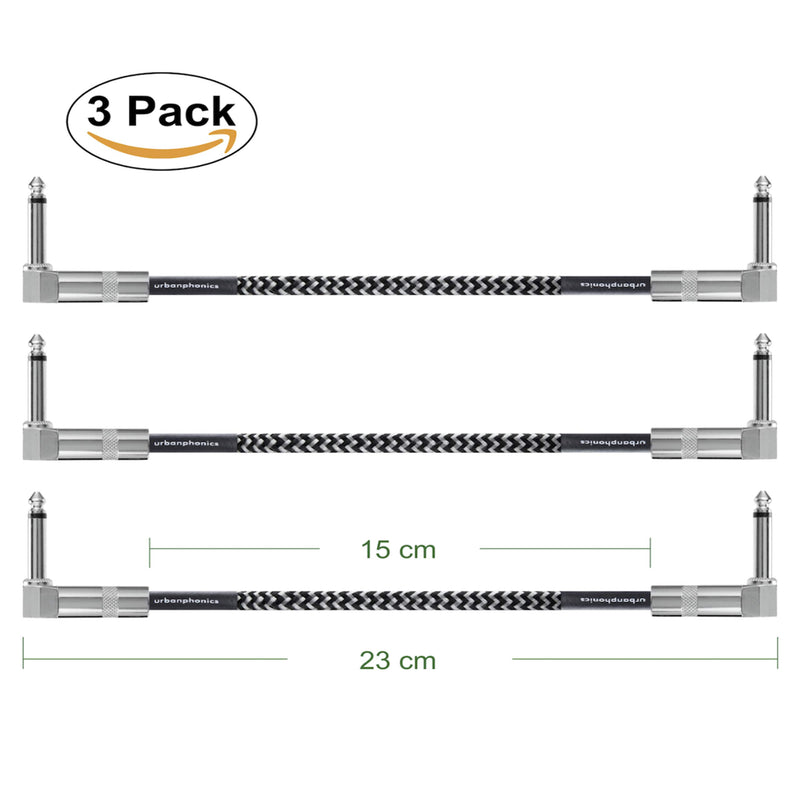 Urbanphonics Guitar Patch Cable | 6.35mm Jack Pro Grade Noiseless | 23 cms Pedalboard Cord Lead | Right Angle Male to Male | for Guitar, Bass and Effects Pedals | 3 Pack Black & White Braided Tweed 3 PC