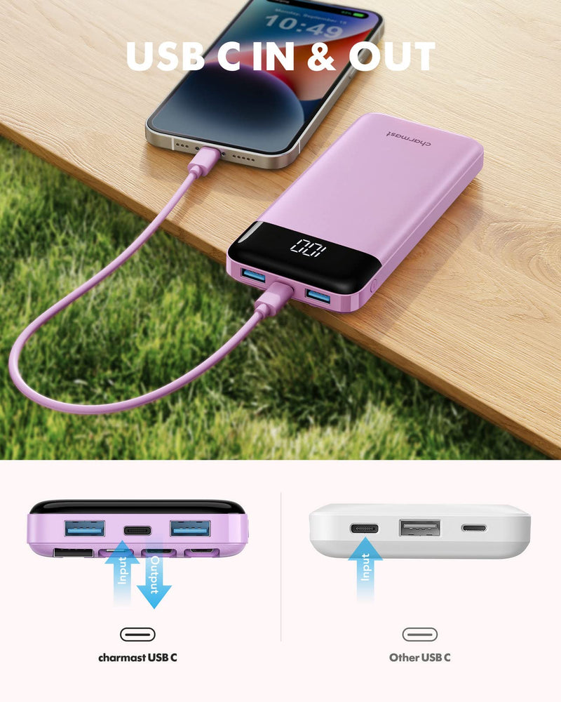 Portable Charger with Built in Cables, Portable Charger with Cords Wires Slim 10000mAh Travel Essentials Battery Pack 6 Outputs 3A High Speed Power Bank for iPhone Samsung Pixel LG Moto iPad D-Purple