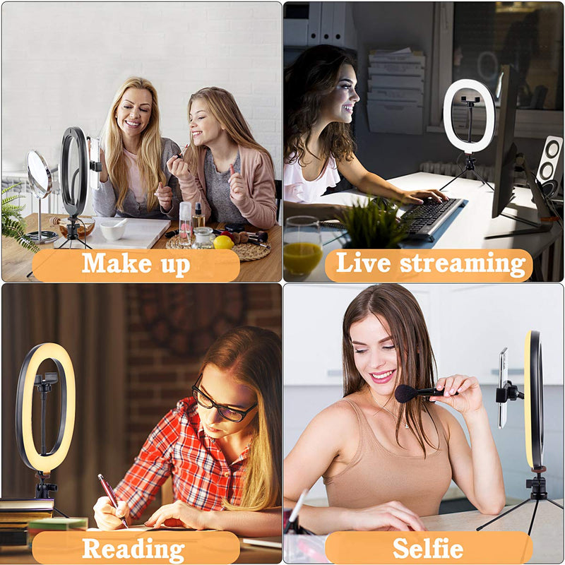 Selfie Ring Light with Tripod Stand, FDTEK LED Ring Light with Phone Holder for Live Streaming Video Makeup Camera Photography, Dimmable Desk Ring Light 10" with 3 Light Modes &10 Brightness Level