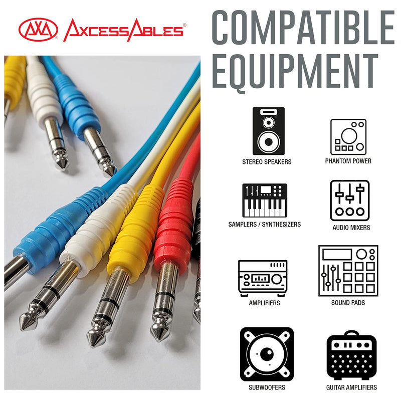 AxcessAbles 1/4 (6.35mm) TRS to 1/4 (6.35mm) TRS Multi-Color Balanced Stereo Patch Cables 6-Pack Outboard Gear & Patchbay Studio Cables External Effects Digital Analog Effects (1.5ft) 1/4 TRS to 1/4 TRS (1.5ft)