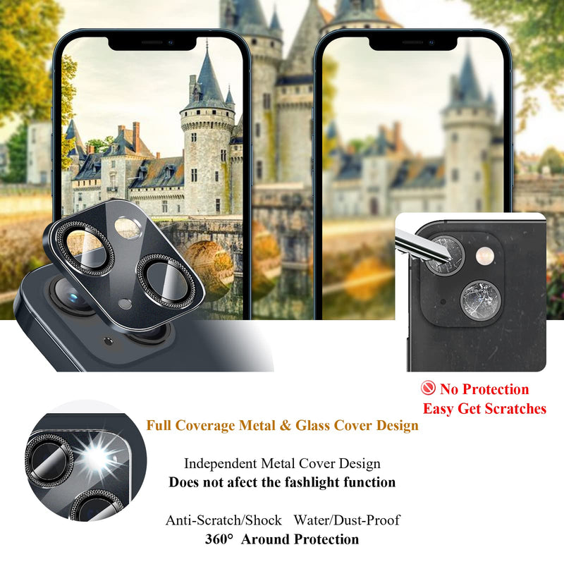 JOLOJO 2 Pack Camera Lens Protector Compatible for iPhone 13/13 Mini, Aluminum Alloy Metal Cover & 9H Tempered Lens Glass Shock/Water-Proof,Shatter/Scratch-Resistant,Case Friendly - Black