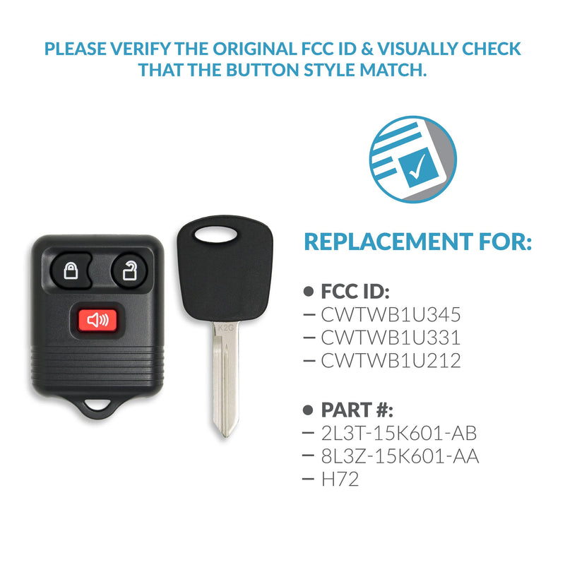 Keyless2Go Replacement for Keyless Entry Car Key Fob Vehicles That Use 3 Button CWTWB1U331, with New Uncut Transponder Ignition Car Key H72 1 pack