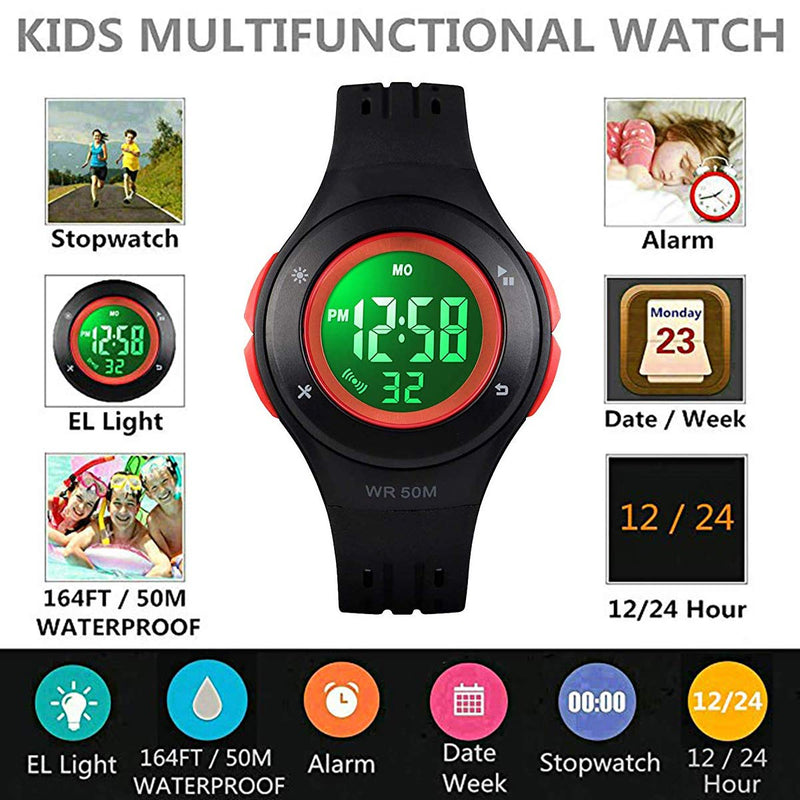 Kids Digital Watches for Boys Girls,50M Waterproof Alarm Stopwatch Top Class Wristwatch for Boys Girls Style 1,Black
