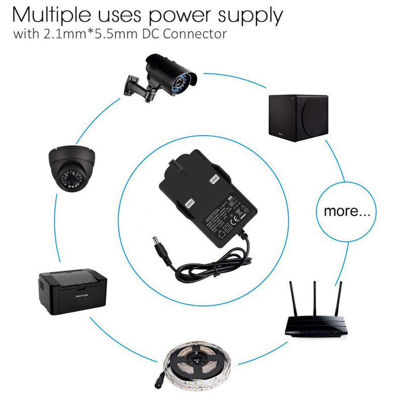 MAXDIGI DC Power Supply 12V 2A, AC 100-240V to DC 12V Power Cable Transformer Wall Charger Replacement UK Plug with 1.5m Cable,5.5mmx2.1mm Jack for Led Strips,CCTV Camera,Cisco Router,Yamaha Keyboard