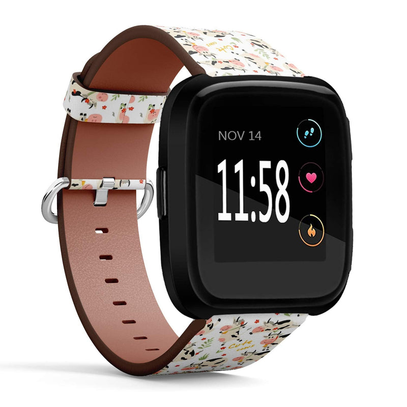 Compatible with Fitbit Versa/Versa 2 / Versa LITE - Quick Release Leather Wristband Bracelet Replacement Accessory Band - Cute Cows Character