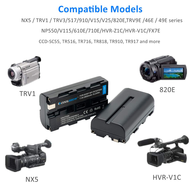 NP-F550 Battery COOLSHOW LCD Dual Charger and 2 Packs 2600mAh F550 Battery for Sony NP F970 F750 F770 F960 F550 F530 F330 F570 CCD-SC55 TR516 TR716 TR818 TR910 TR917