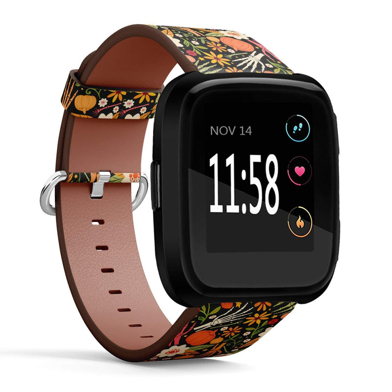 Compatible with Fitbit Versa/Versa 2 / Versa LITE - Leather Watch Wrist Band Strap Bracelet with Quick-Release Pins (Halloween Bones Floral)