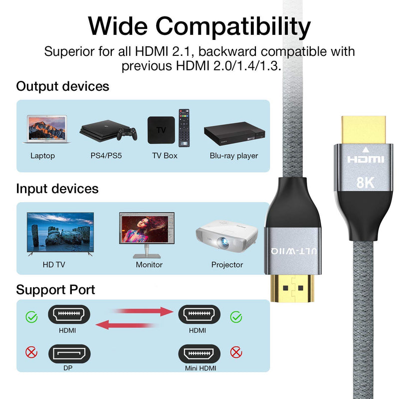 8K HDMI 2.1 Cable 9.9Ft, ULT-WIIQ 48Gbps Ultra High Speed & 30AWG Braided HDMI Cord, Support 8K@60Hz 4K@120Hz, eARC, HDR, HDCP 2.2&2.3, Compatible with PS5, PS4, Xbox Series X, Roku/Fire/Sony/LG TV 9.9 Feet