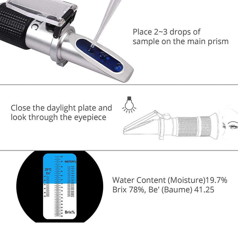 AUTOUTLET 3-in-1 Honey Refractometer for Honey Moisture, Brix and Baume, 58-90% Brix Scale Range, Honey Moisture Tester with ATC, Ideal for Honey, Milk, Sugar Syrup, Fruit jam and Molasses, Beekeepers Honey Baume Refractometer
