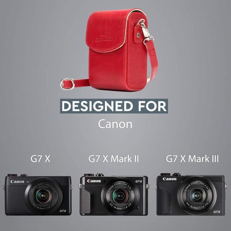 MegaGear Leather Camera Case with Strap Compatible with Canon PowerShot G7 X Mark III, G7 X Mark II, G7 X Red