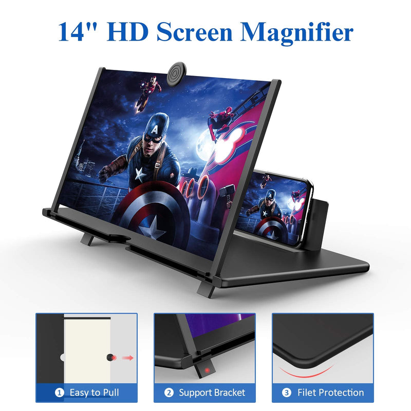 14" Screen Magnifier for Cell Phone -3D HD Magnifing Projector Screen Enlarger for Movies, Videos and Gaming – Foldable Phone Stand Holder with Screen Amplifier–Compatible with All Smartphones (Black) Black