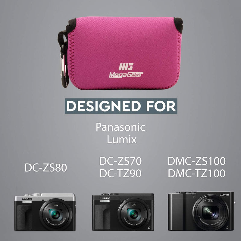 MegaGear ''Ultra Light'' Neoprene Camera Case Bag with Carabiner for Panasonic Lumix DC-ZS80, DC-ZS70, DMC-ZS100, DC-TZ95, DC-TZ90, DMC-TZ100 (Hot Pink) Hot Pink