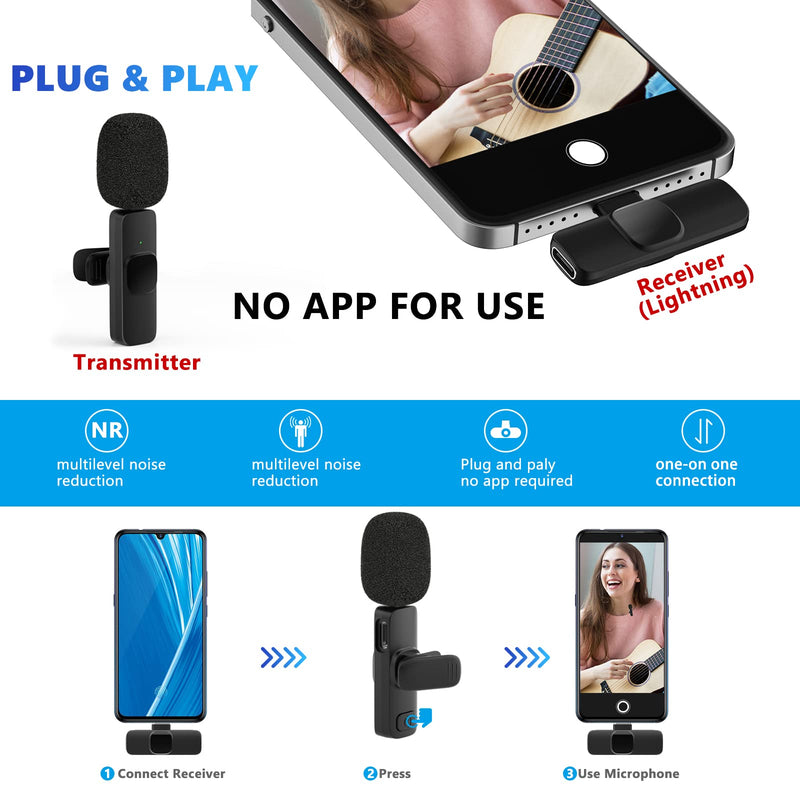 Caymuller Professional Wireless Lavalier Microphone for iPhone iPad, Mini Lapel Mics Plug-Play 2.4G Ultra-Low Delay Noise Reduction Chip for Video Recording Interview Podcast Vlog YouTube Tiktok Black-1