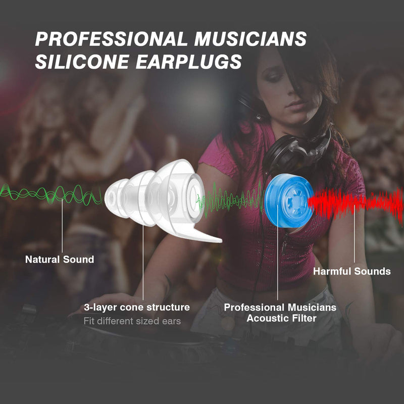 2 Pairs Concert Ear plugs, Hearprotek Noise Cancelling High Fidelity Earplugs-Hearing Protection for Musicians, Live Music, Drummer, Percussion, DJ & Clubbing Tall Case Clear