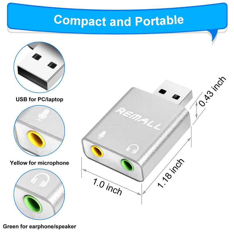 USB Sound Card, REMALL 3.5mm Sound Card External USB Audio Adapter, External Stereo Sound Adapter Compatible with PC Windows,MAC, Linux, Laptops, Desktops, PS5. Plug and Play No Drivers Needed USB converter