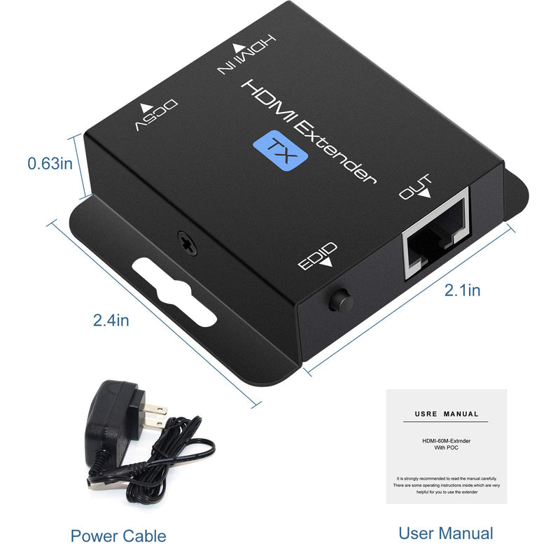 HDMI Extender 200ft HDMI Over Single Cat5e/6/7 Digital HDMI Over Ethernet HDMI Repeater Balun Transmitter Receiver Power on cat Support 1080p 3D HDCP Compatible with Fire Stick Roku Blue-ray