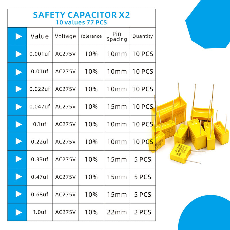 KOKISO 10 Values 77 PCS Polypropylene Safety Capacitors DIP 275VAC X2 MKP Assorted Kit Assortment(0.001uF,0.01uF,0.022uF,0.047uF,0.1uF,0.22uF,0.33uF,0.47uF,0.68uF,1uF)