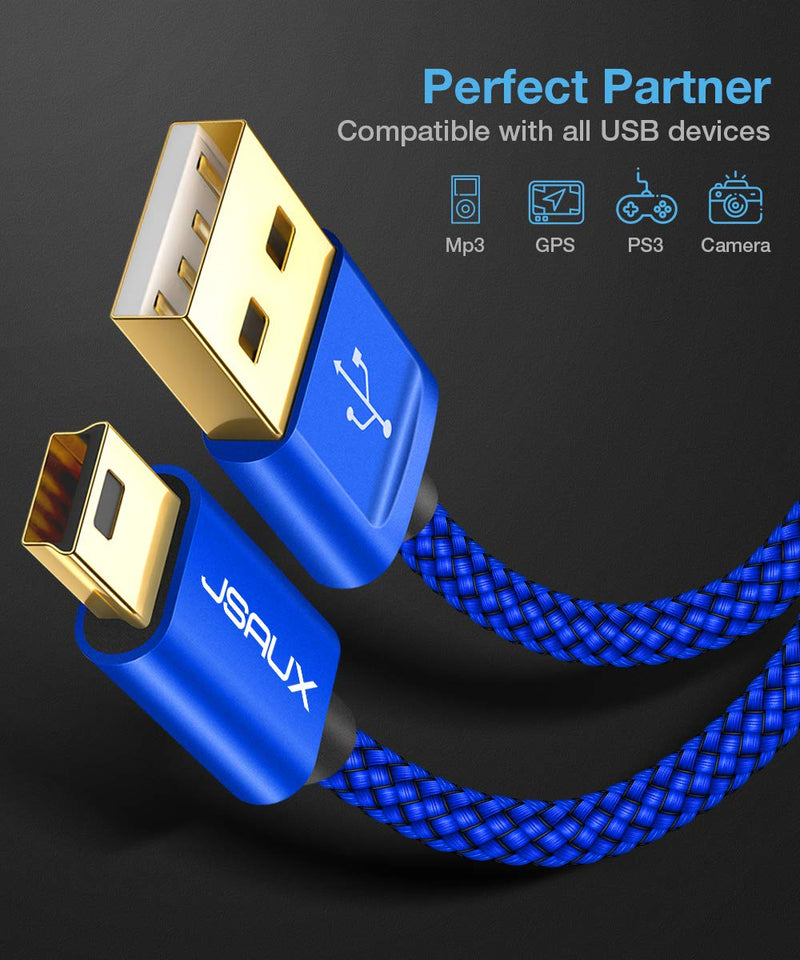 Mini USB Cable, JSAUX 2 Pack (3.3ft+6.6ft) USB 2.0 Type A to Mini B Charger Nylon Braided Cord Compatible with GoPro Hero 3+, PS3 Controller, MP3 Player, Dash Cam, Digital Camera etc. blue