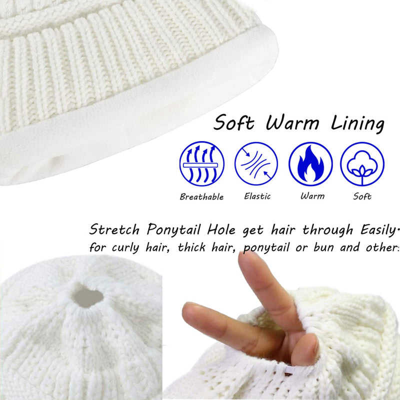 Wireless Music Beanie Women Ponytail Beanie Girls Hat Over Ear Headset Sports Stereo Headphone with Microphone Speaker Womens Messy Bun Beanie Tail Gifts Knit Skull Cap White