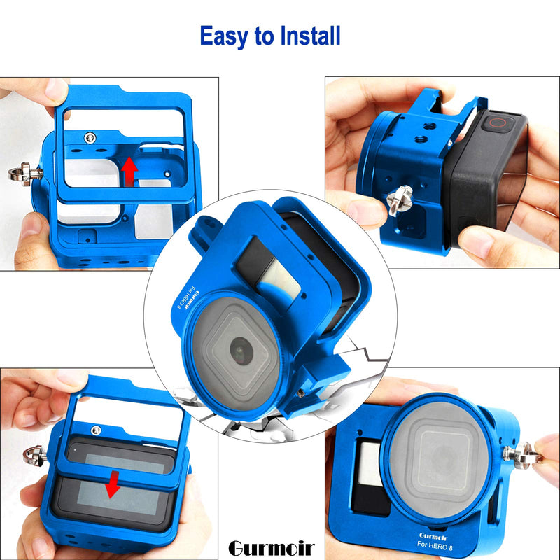 Gurmoir Case Aluminum Alloy Back Door Housing Frame for Gopro Hero 8 Black Action Camera, Wire Connectable Protective Metal Side Open Cage with 52mm UV Filter for Go pro Hero8 (Blue) Aluminum Case for GoPro Hero 8 Black Blue