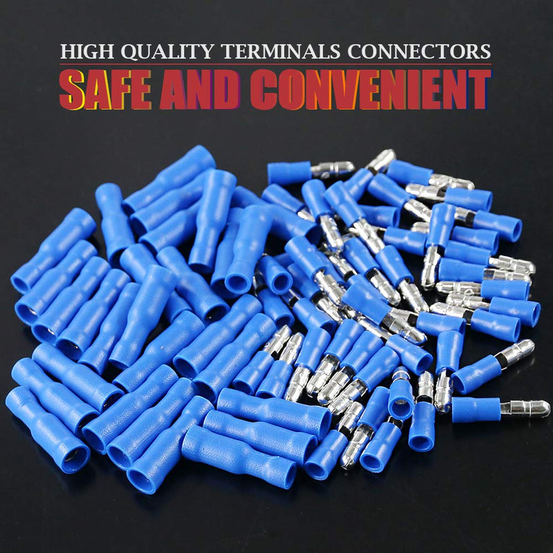 Hilitchi 50Pairs Insulated Male Female Bullet Quick Splice Wire Terminals Wire Crimp Connectors (Blue, 16-14 Gauge) Blue