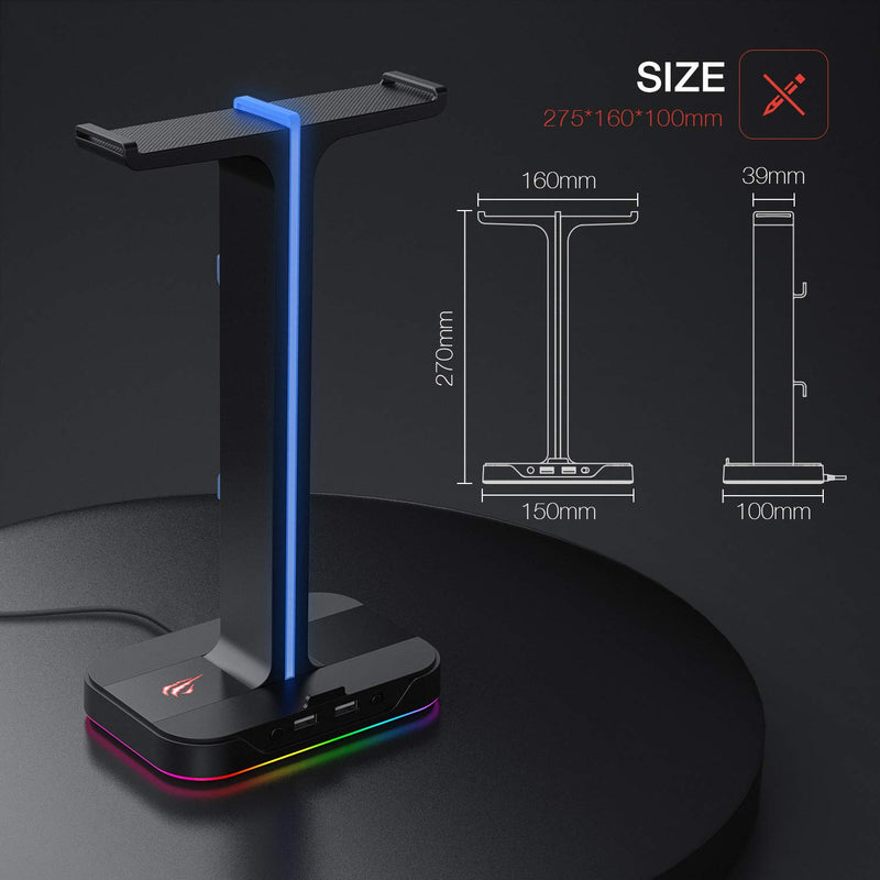 Havit RGB Gaming Headphone Stand Desk Dual Headset Hanger Base with Phone Holder & 2 USB Ports for Desktop PC Game Earphone Accessories Black