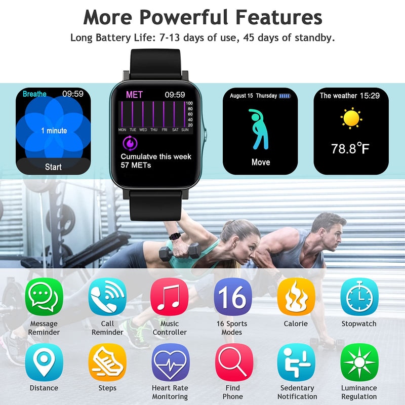 Xercise 1.7" Smart Watch for Android Phones, Compatible with iPhone Samsung, Fitness Tracker with Blood Pressure Monitor, Heart Rate and Blood Oxygen Meter, IP68 Smart Watch for Women Men Black