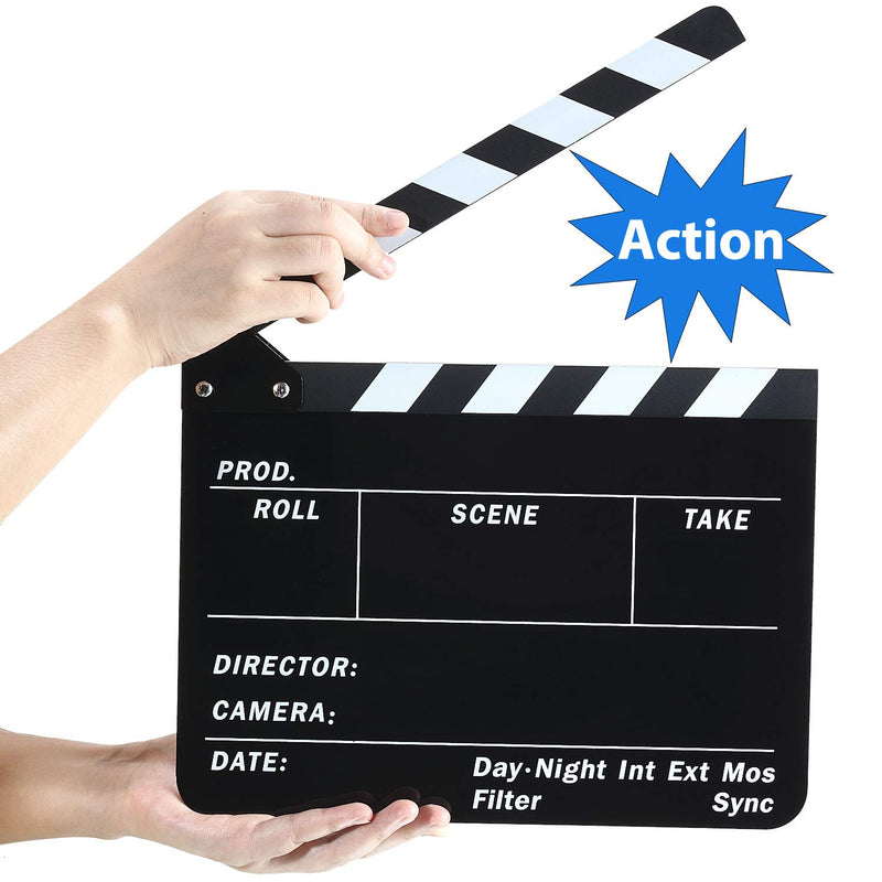 Film Clapboard 12 x 9.5 Inches Acrylic Movie Directors Clapboard Cut Action Scene Slate Studio Video Film Clapper with 2 Pieces White Ink Erasable Pen and Blackboard Eraser for Scene Shot Supplies