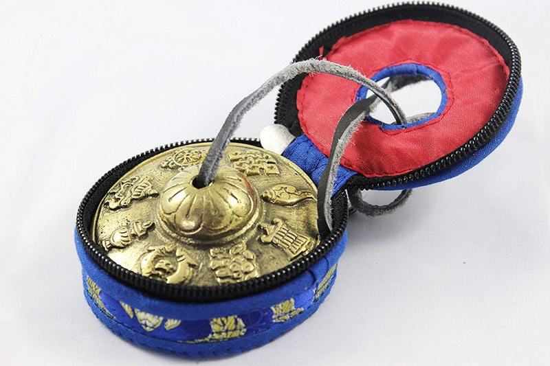 2.6" Tibetan Tingsha Meditation Bell - 8 Auspicious Symbols Beautifully Embossed on the Surfaces - Hand Tuned & Crafted in Nepal