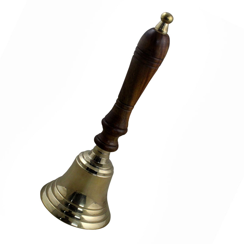 Hand Held Service Call Bell Polished Brass Finish with Wooden Handle 8 Inches for Wedding Events Decoration, Food Line, Alarm, Jingles, Ringing