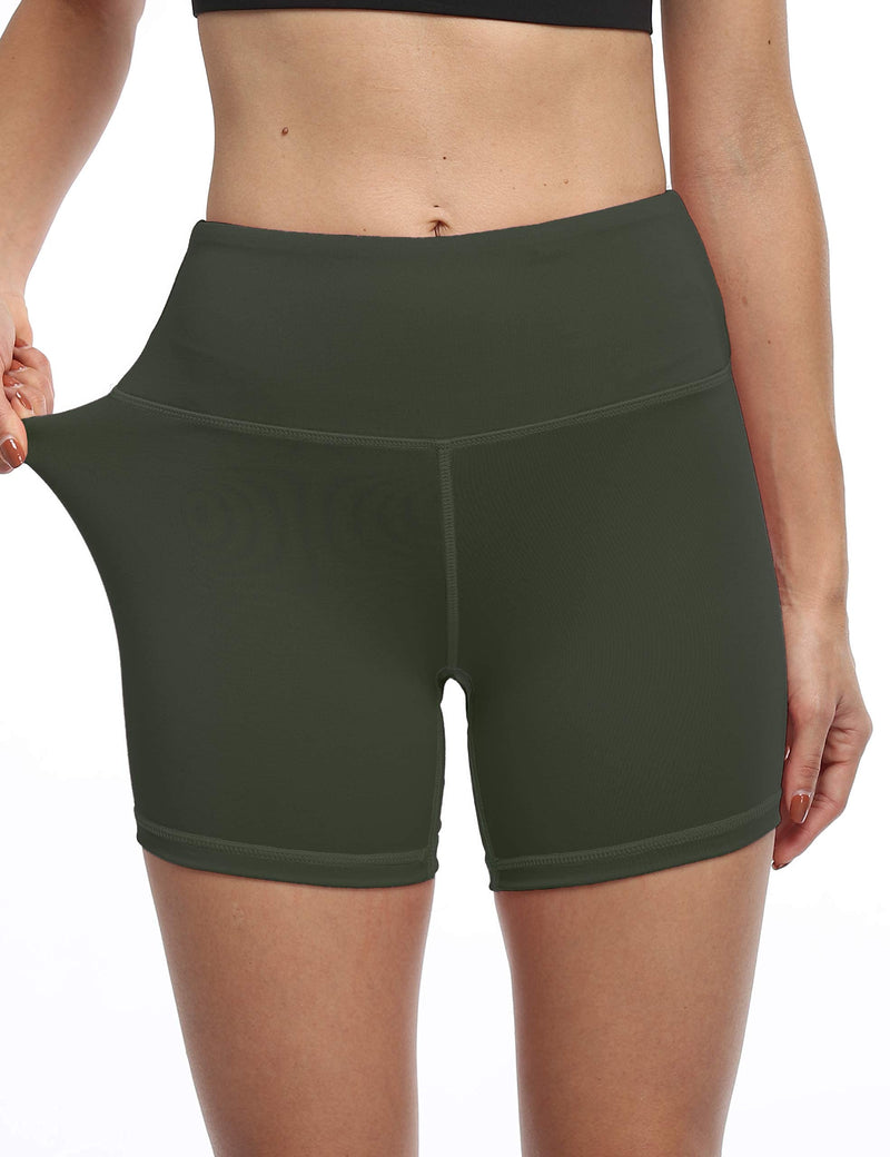YUANRANER Workout Shorts for Women High Waist Biker Yoga Running Athletic Short with Pockets 5"-army Green-only 1 Waist Pocket Large
