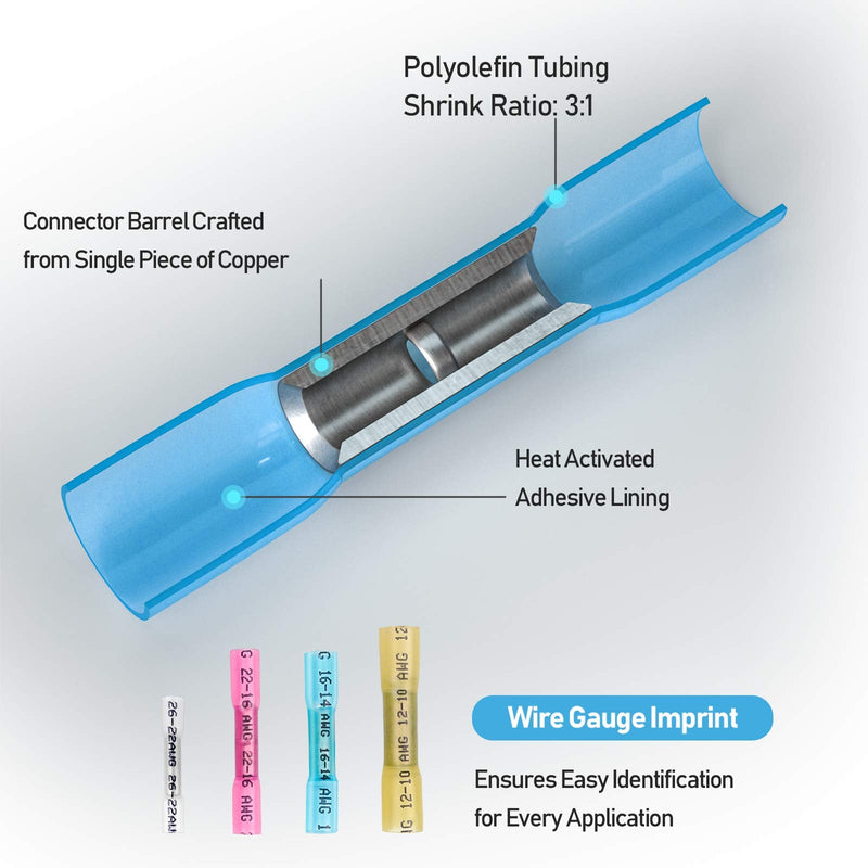 TICONN 200 PCS Heat Shrink Butt Connectors Kit, AWG 24 – 10 4 Sizes Butt Splice, Insulated Waterproof Electrical Marine Automotive Wire Crimp Terminals
