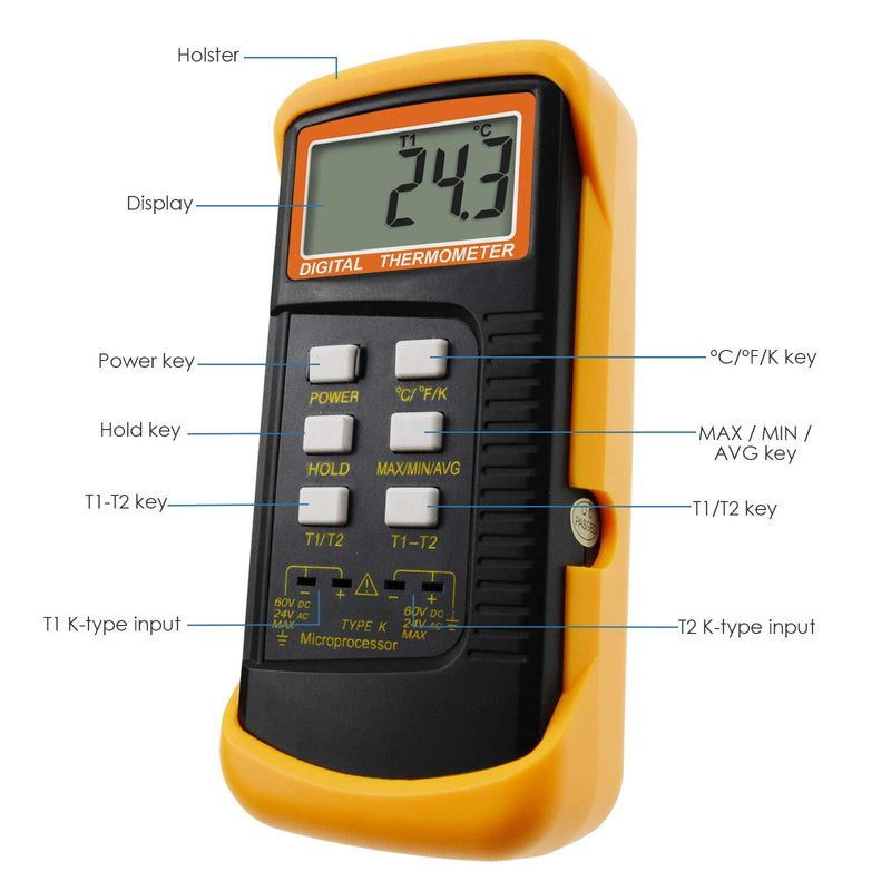[AUSTRALIA] - Digital 2 Channels K-Type Thermometer 4 Thermocouples Probe Sensor Tester Monitor Wired & Stainless Steel -50~1300°C -58~2372°F Temperature Kelvin Scale Dual Measurement Kit with 4 K- type 