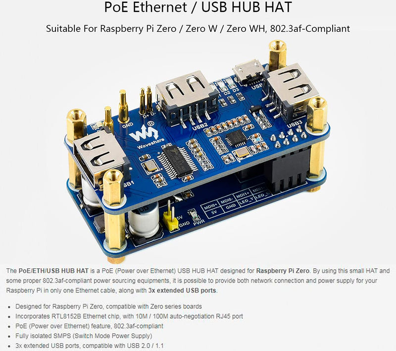 Power Over Ethernet (PoE) Ethernet/USB HUB HAT for Raspberry Pi Zero/Zero W/Zero WH, 3X USB 2.0 Ports, RJ45 Ethernet Port 802.3af-Compliant PoE/ETH/USB HUB HAT