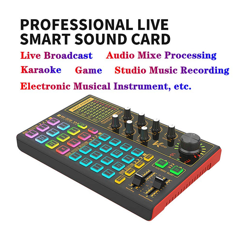 Sound Mixer Board, Live Sound Card Voice Changer with Multiple Sound Effects and LED Light for Live Streaming, Audio Mixer for Music Recording Karaoke Singing Broadcast on Cell Phone Computer
