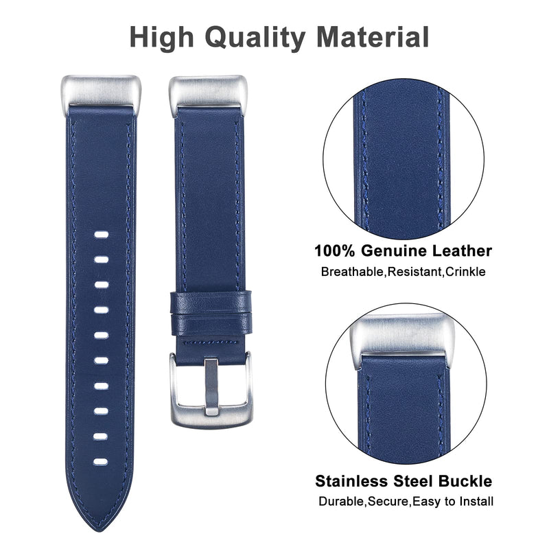 Genuine Leather Bands Compatible for Fitbit Charge 5 Bands, Classic Replacement Accessories Strap Genuine Leather Wristbands Metal Women Men Small Large Navy Blue
