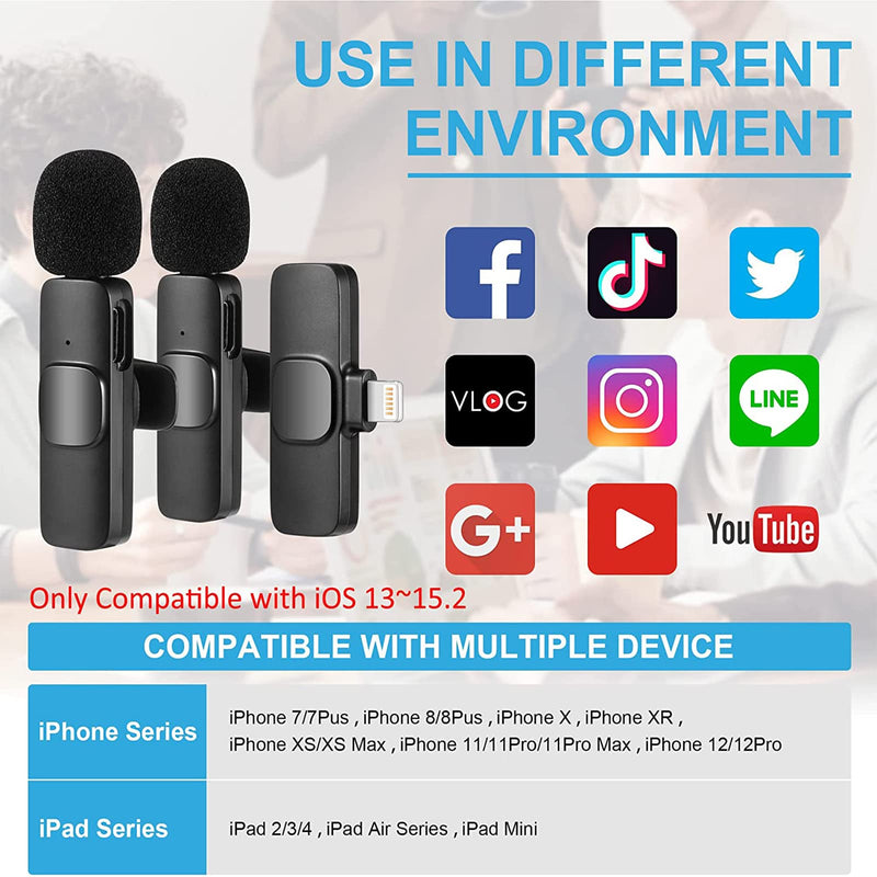[AUSTRALIA] - Wireless Microphone for iPhone iPad, Plug-Play Wireless Lavalier Mic with 2 Microphone for Phone Video Recording, Interview, Vlog, Auto Sync and Noise Reduction 