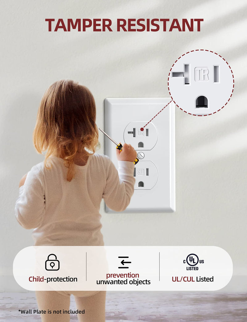 AIDA Duplex Electrical Receptacle Outlets, 20Amp 125V Wall Outlet, Residential, TR, 3-Wire, Self-Grounding, UL Listed, Push & Side Wire, White (10 Pack)