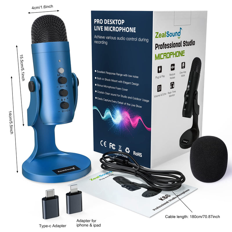 ZealSound USB Microphone,Condenser Gaming Mic for Phone/Laptop/PC/PS4/5/Computer,Microphone with Gain Knob,LED Mute,Monitor Volume Adjustment,Stand Base for Streaming, Podcast, Studio Recording (Blue) Blue