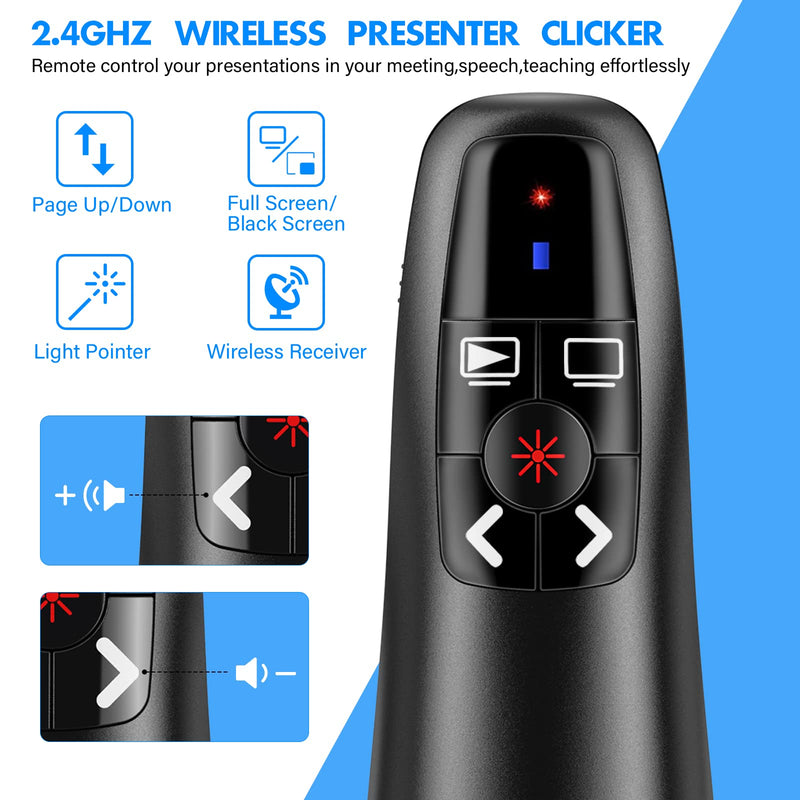 NinjaABXY Presentation Clicker Wireless Presenter Remote Clicker for PowerPoint Presentation, Laser Pointer RF 2.4GHz USB PowerPoint Clicker Slide Advancer with Volume Control for Computer/Laptop/Mac