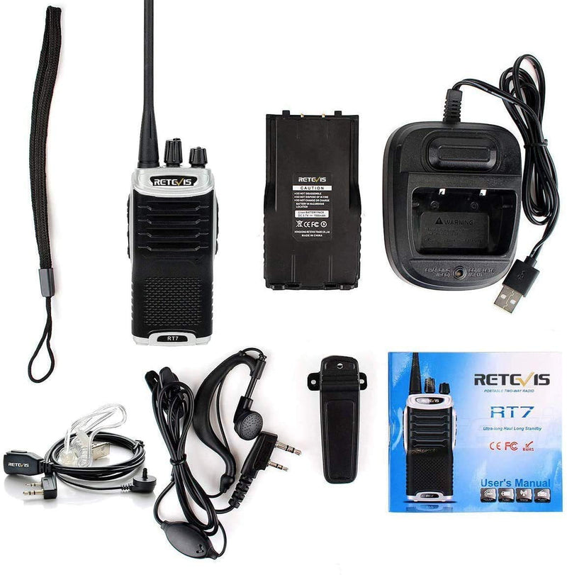 Retevis RT7 Walkie Talkie Rechargeable 16 Channels VOX 2 Way Radio with Headset (Silver Black Border, 1 Pack)