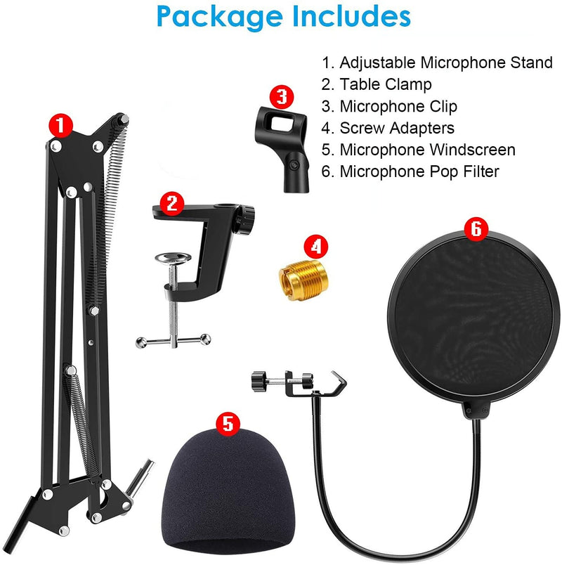 Microphone Arm Stand, Ranedo Professional Adjustable Suspension Boom Scissor Mic Stand with Pop Filter, 3/8" to 5/8" Adapter, Upgraded Heavy Duty Clamp for Snowball Ice and Other Mics Recording