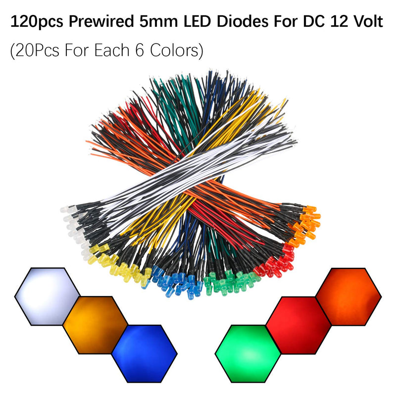 EDGELEC 120pcs 12V LED Lights Emitting Diodes, Pre Wired 7.9 Inch DC 12 Volt 5mm LED (6 Colors x 20pcs) Assorted Kit Diffused Colored Lens- White Red Yellow Green Blue Orange Small LED Lamps [01] 6 Colors X 20 Pcs / 120 Pcs 5mm Solid Light