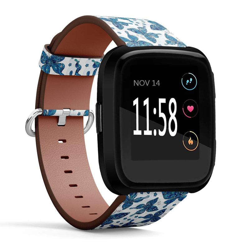 Compatible with Fitbit Versa/Versa 2 / Versa LITE - Quick Release Leather Wristband Bracelet Replacement Accessory Band - Butterflies Various Blue