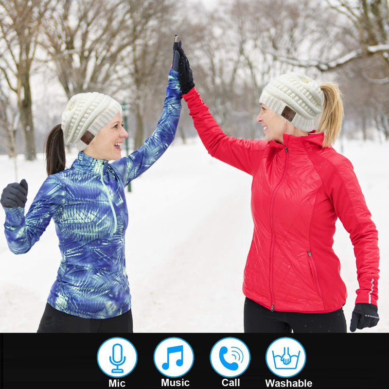 Wireless Music Beanie Women Ponytail Beanie Girls Hat Over Ear Headset Sports Stereo Headphone with Microphone Speaker Womens Messy Bun Beanie Tail Gifts Knit Skull Cap White