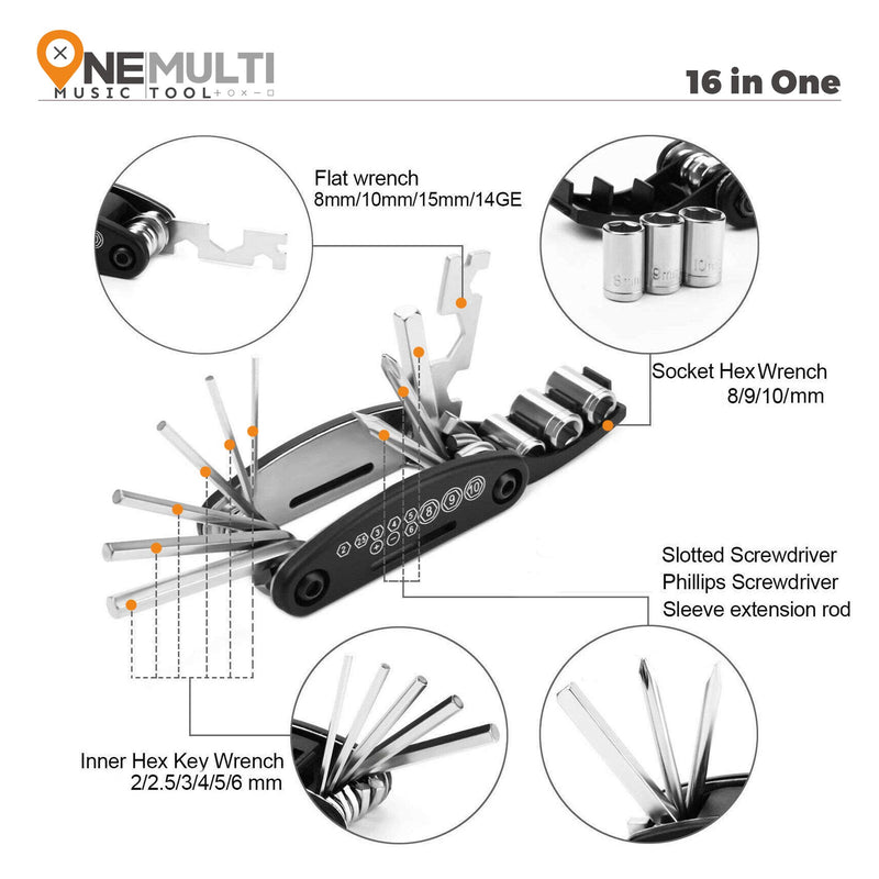 Guitar Tools Kit of 16 in 1 Multi-Function Perfect for Repair Musical Instruments, Suitable for Acoustic Guitar, Electric Guitar, Bass and Drum, Portable Guitar Multi Tool Kit